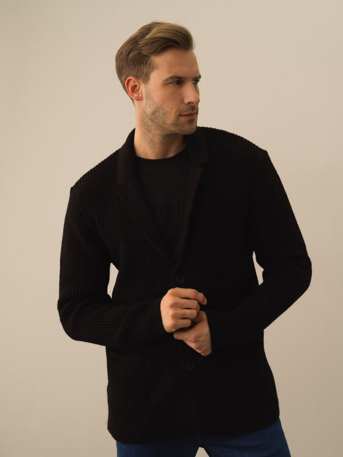 Siyah Doğal Yün Dokulu Regular Fit Triko Ceket - Xint