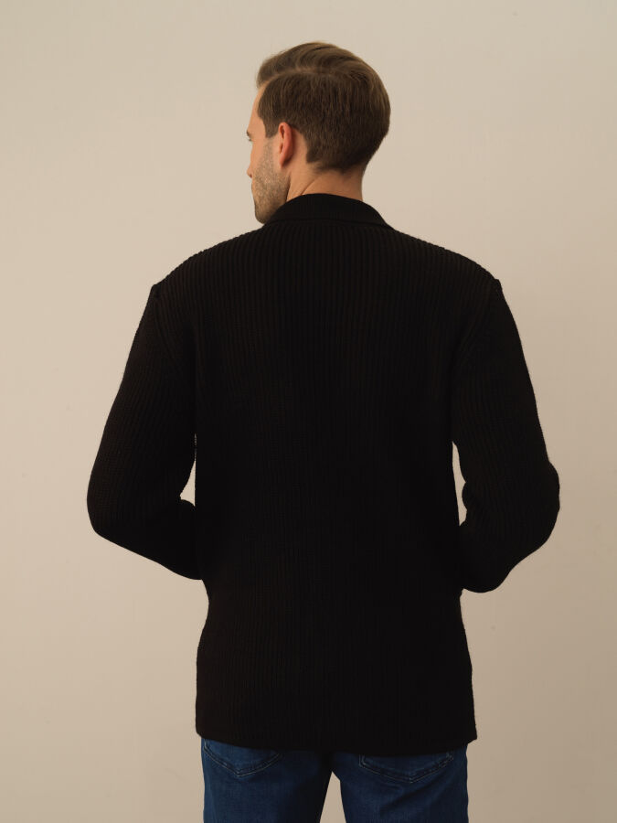 Siyah Doğal Yün Dokulu Regular Fit Triko Ceket - Xint
