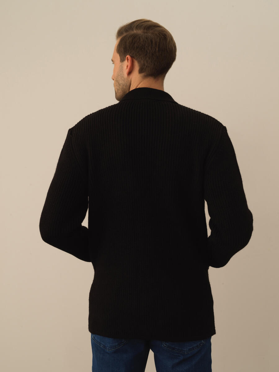 Siyah Doğal Yün Dokulu Regular Fit Triko Ceket - 3