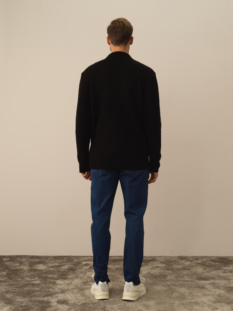 Siyah Doğal Yün Dokulu Regular Fit Triko Ceket - 4