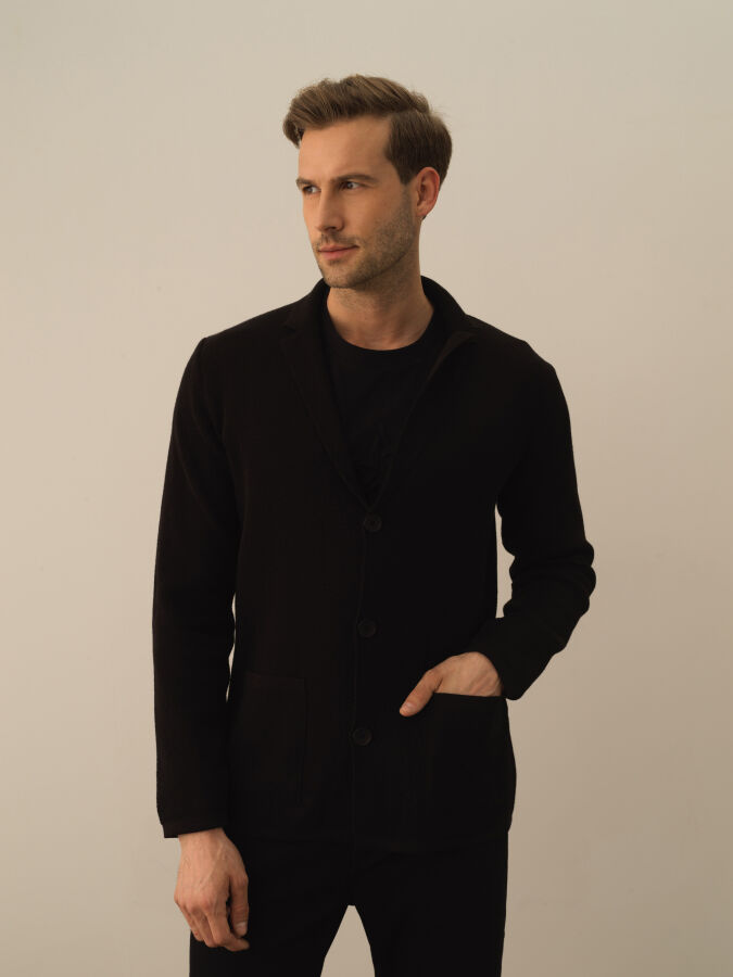 Siyah Pamuk Dokulu Regular Fit Triko Ceket - Xint