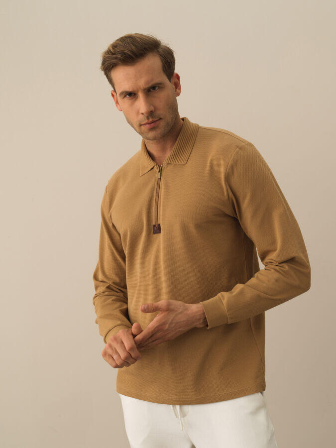 Xint Toptan Camel Pamuk Dokulu Regular Fit Uzun Kollu Tişört
