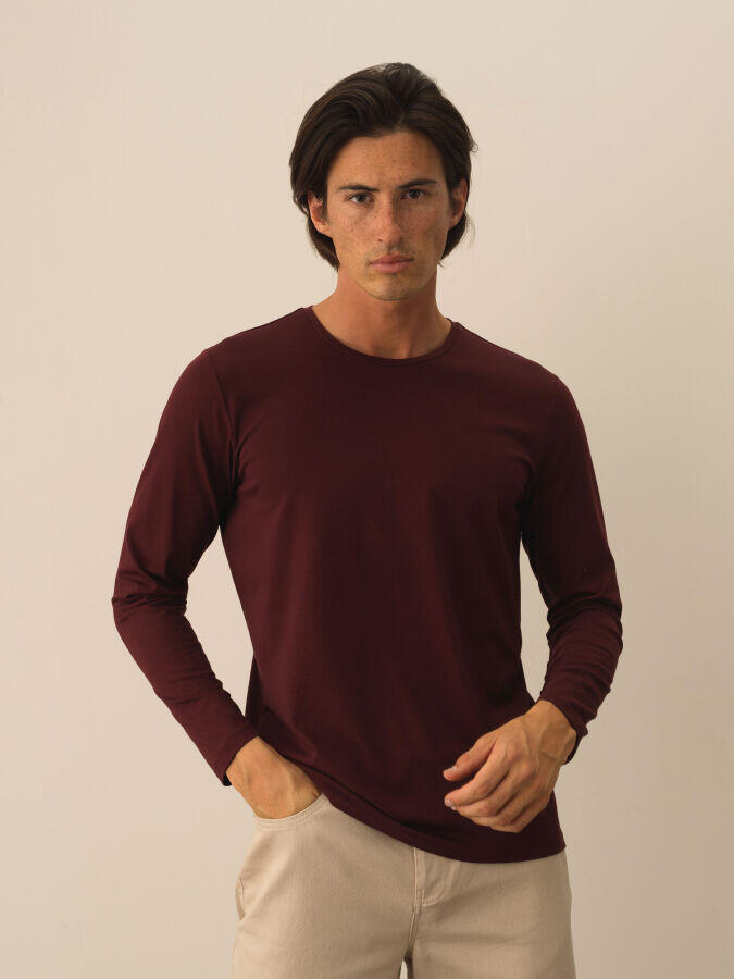 Xint Toptan Bordo Modal Dokulu Slim Fit Uzun Kollu Tişört