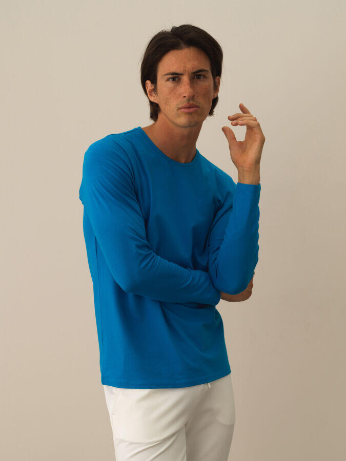 Xint Toptan Mavi Modal Dokulu Slim Fit Uzun Kollu Tişört