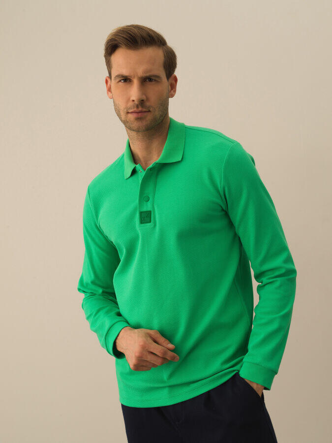 Xint Toptan Yeşil Pamuk Dokulu Slim Fit Uzun Kollu Tişört