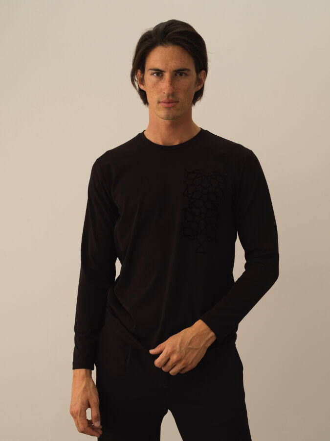 Xint Toptan Siyah Modal Dokulu Slim Fit Uzun Kollu Tişört