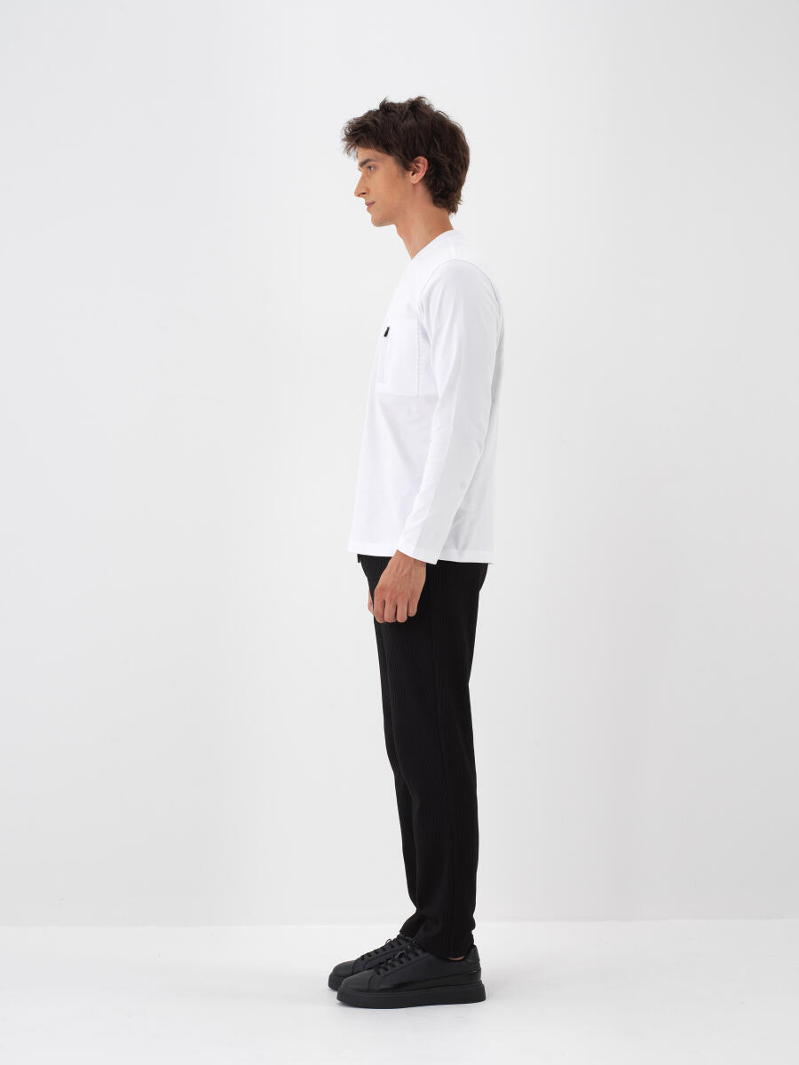 Beyaz Pamuk Dokulu Regular Fit Uzun Kollu Tişört - 3