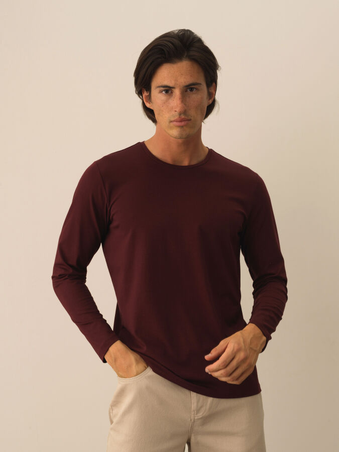 Bordo Modal Dokulu Slim Fit Uzun Kollu Tişört - Xint