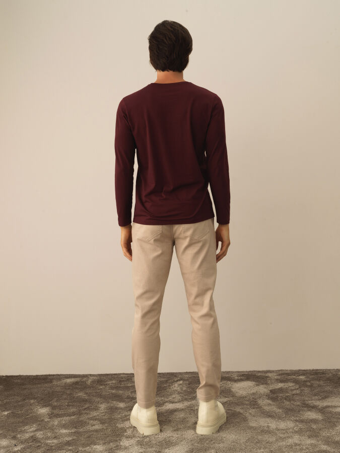Bordo Modal Dokulu Slim Fit Uzun Kollu Tişört - Xint