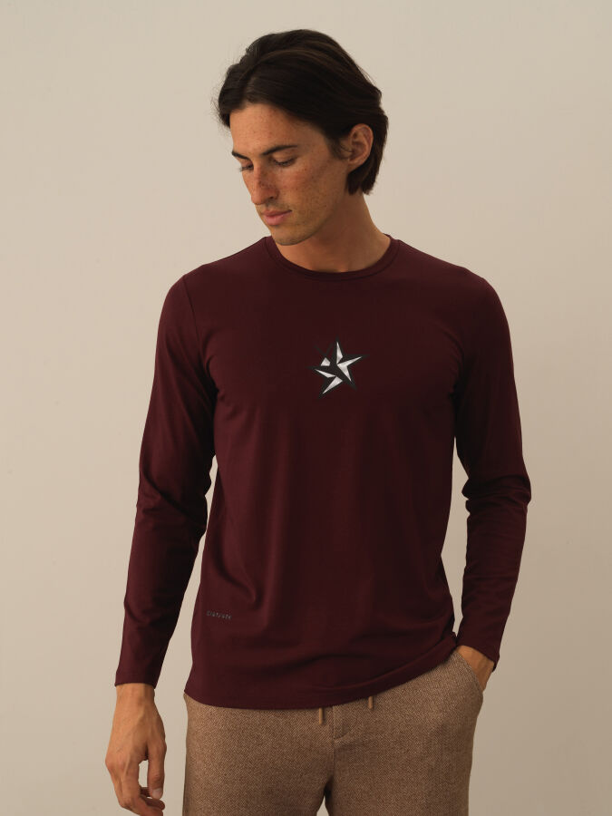 Bordo Modal Dokulu Slim Fit Uzun Kollu Tişört - Xint