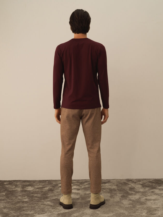 Bordo Modal Dokulu Slim Fit Uzun Kollu Tişört - Xint