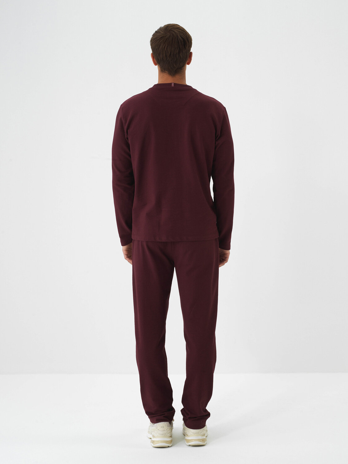 Bordo Pamuk Dokulu Regular Fit Uzun Kollu Tişört - Xint