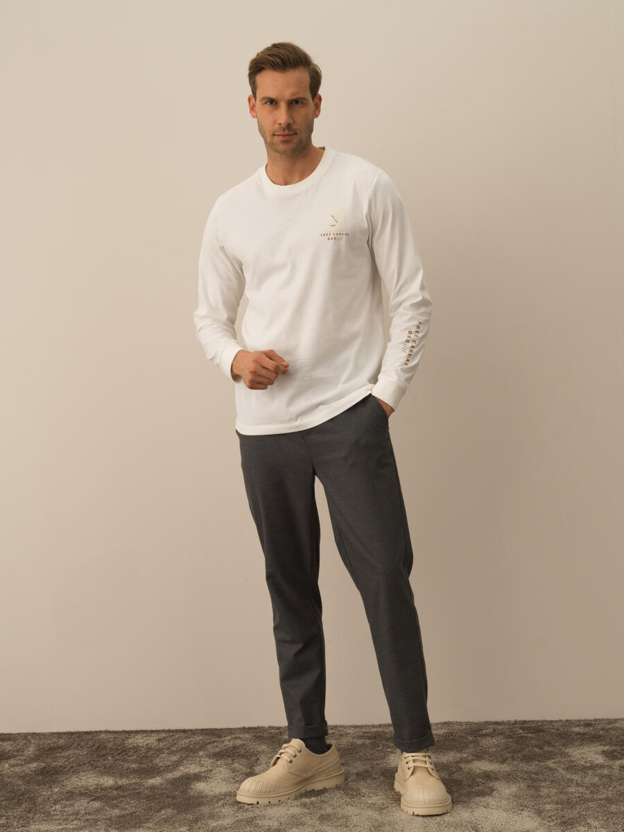 Ekru Pamuk Dokulu Regular Fit Uzun Kollu Tişört - 2