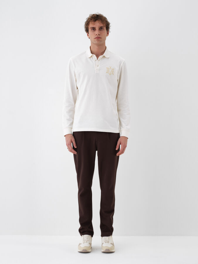 Ekru Pamuk Dokulu Regular Fit Uzun Kollu Tişört - Xint