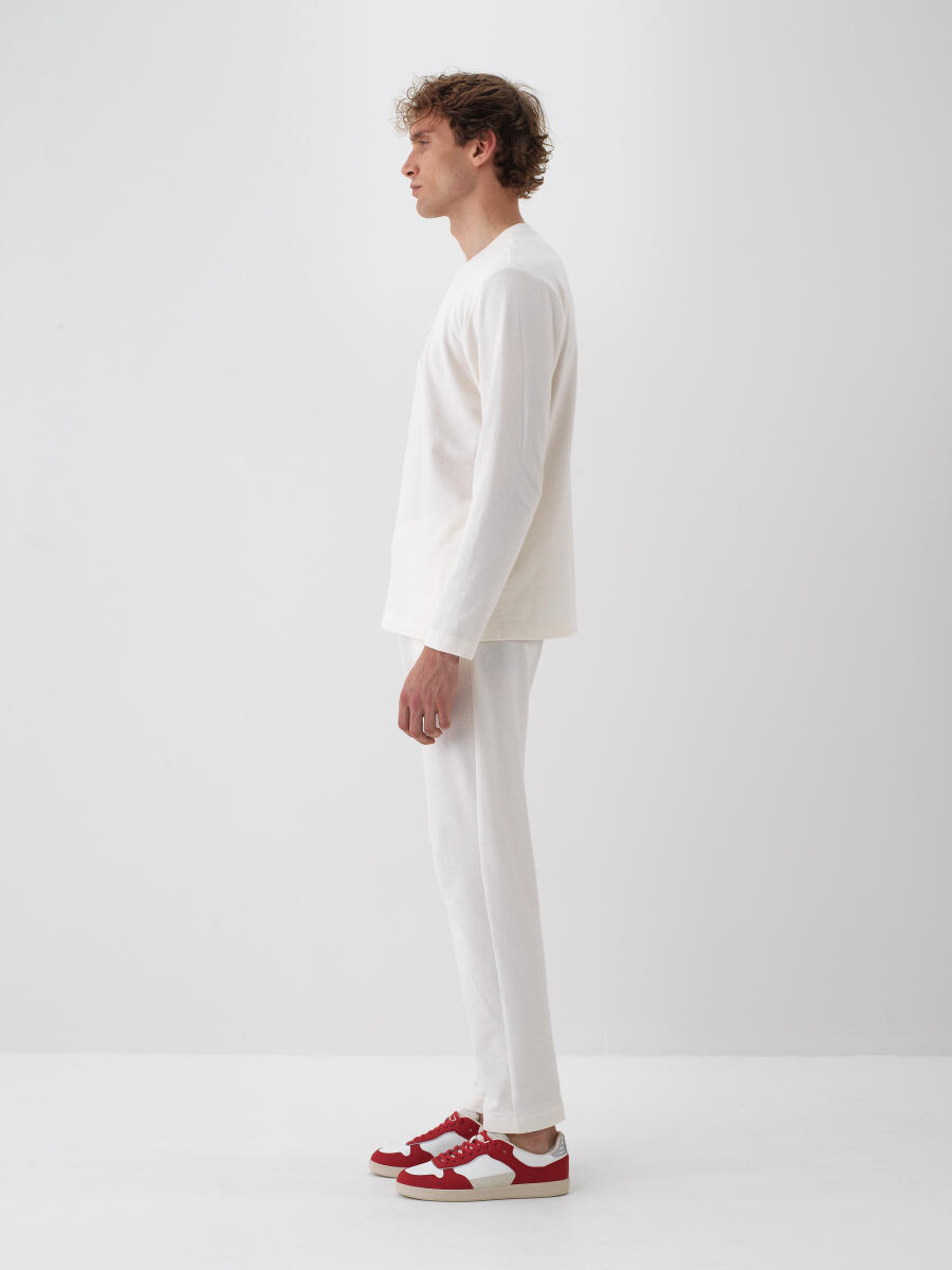 Ekru Pamuk Dokulu Regular Fit Uzun Kollu Tişört - 2