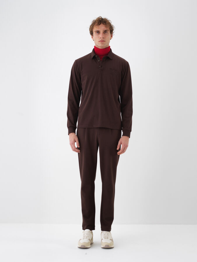 Kahverengi Pamuk Dokulu Regular Fit Uzun Kollu Tişört - Xint