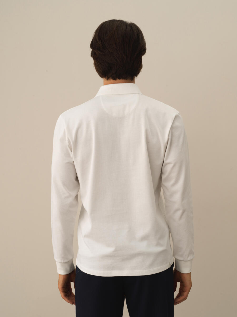 Kırık Beyaz Pamuk Dokulu Regular Fit Uzun Kollu Tişört - 3