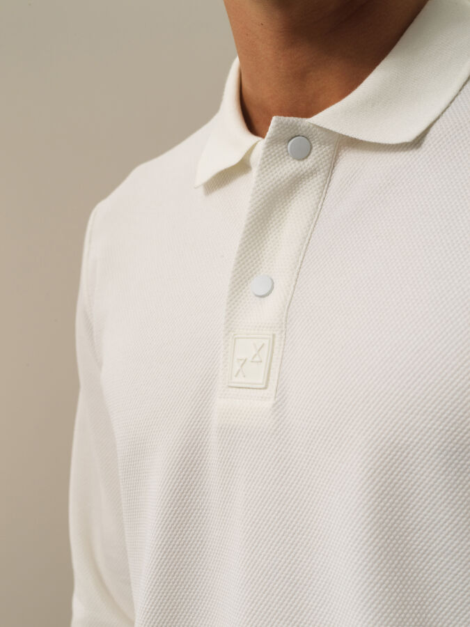 Ekru Slim Fit Polo Yaka Pamuklu Uzun Kol Tişört - 3