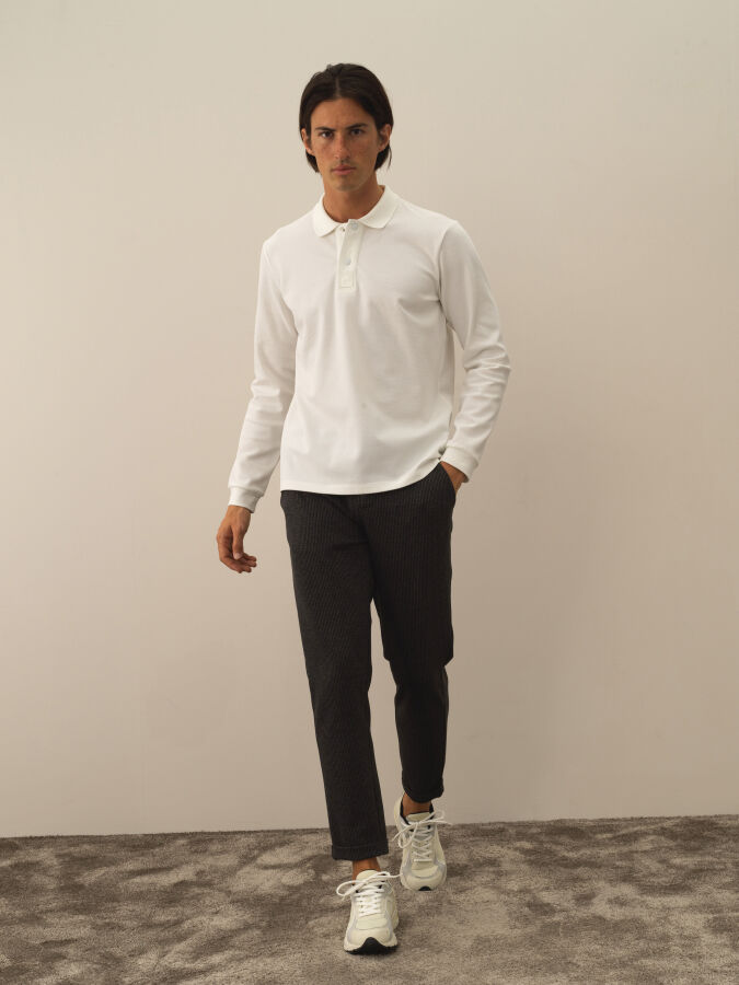 Ekru Slim Fit Polo Yaka Pamuklu Uzun Kol Tişört - 2
