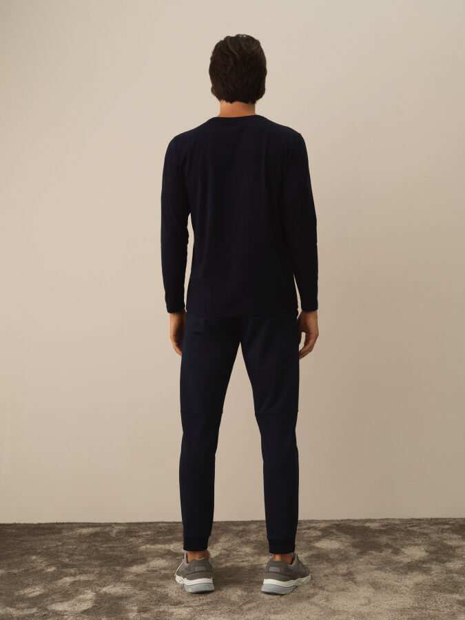 Lacivert Modal Dokulu Slim Fit Uzun Kollu Tişört - Xint