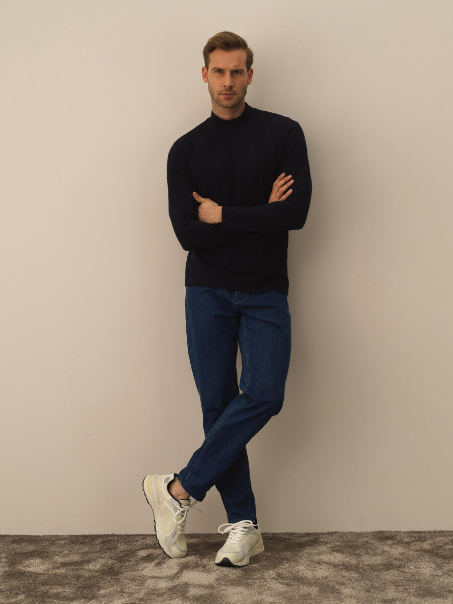 Lacivert Modal Dokulu Slim Fit Uzun Kollu Tişört - 2