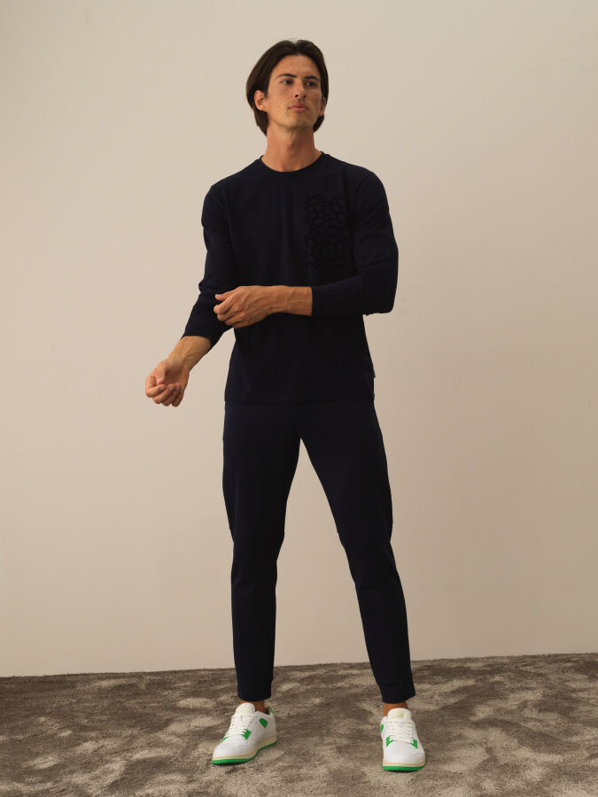 Lacivert Modal Dokulu Slim Fit Uzun Kollu Tişört - Xint