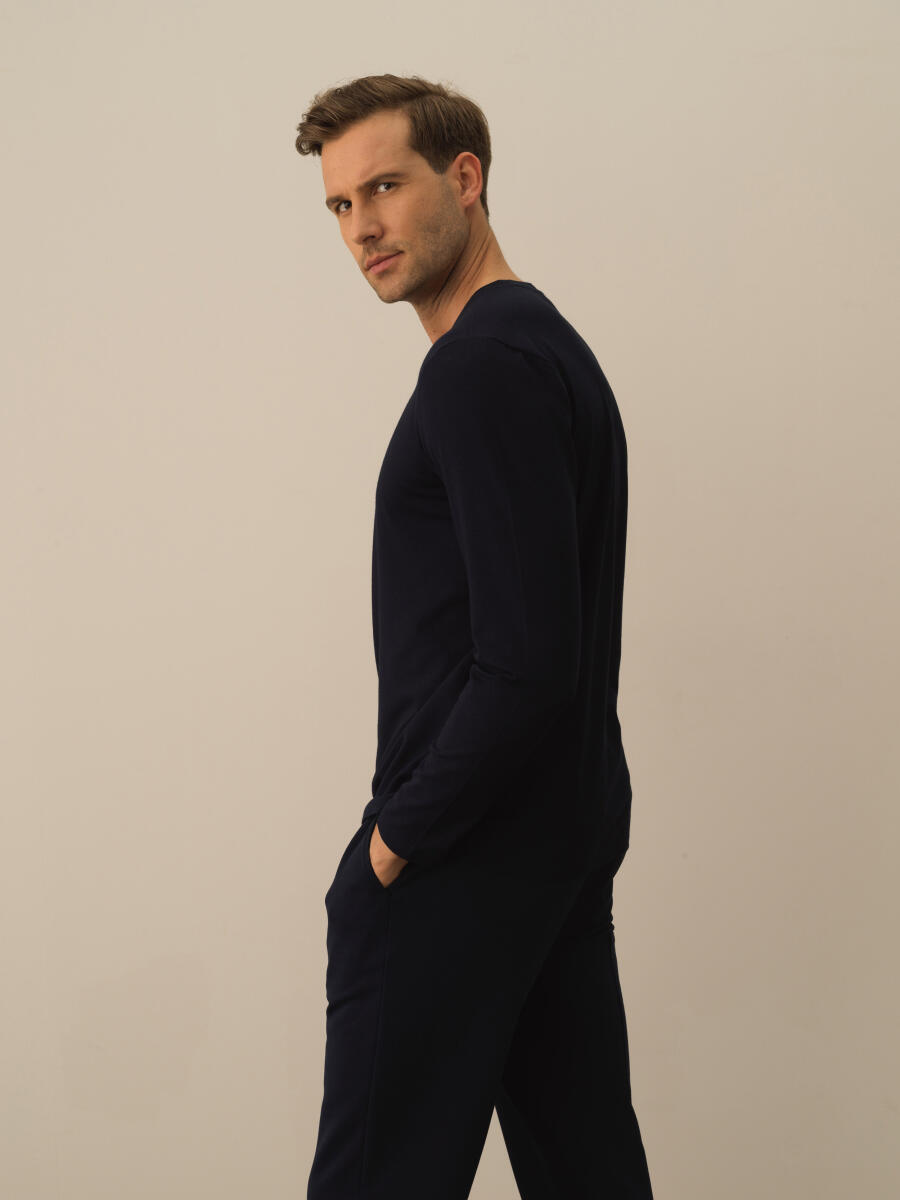 Lacivert Modal Dokulu Slim Fit Uzun Kollu Tişört - 3