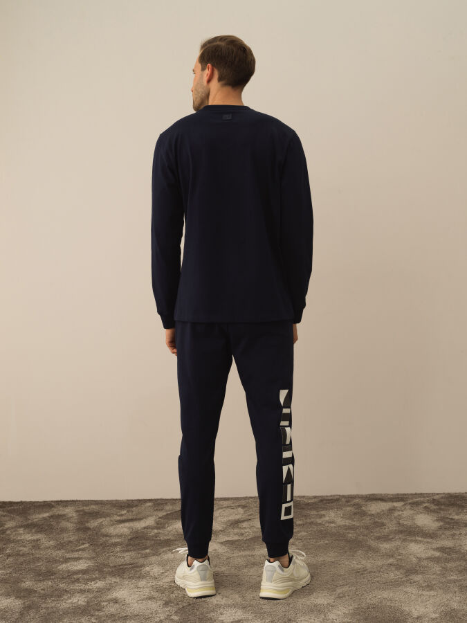 Lacivert Pamuk Dokulu Regular Fit Uzun Kollu Tişört - Xint