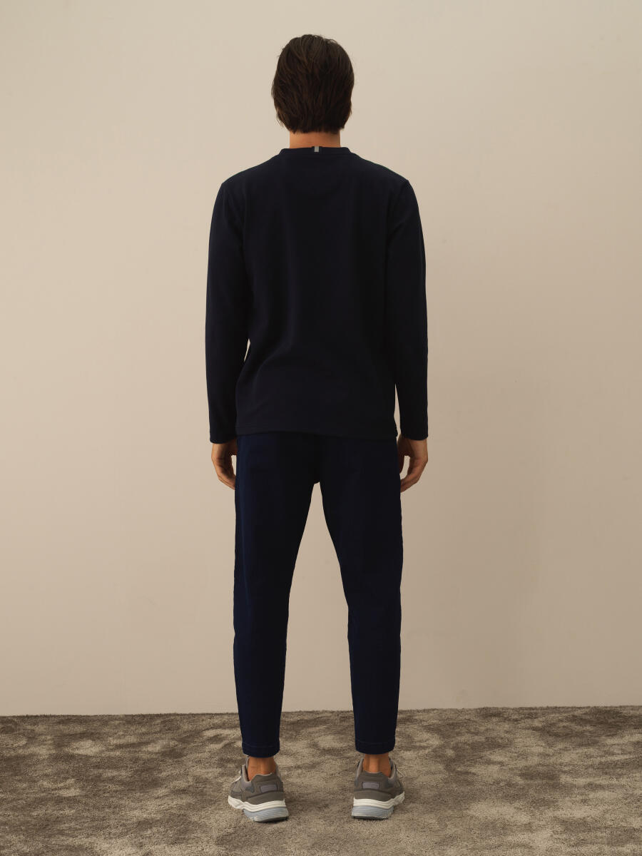 Lacivert Pamuk Dokulu Regular Fit Uzun Kollu Tişört - 4