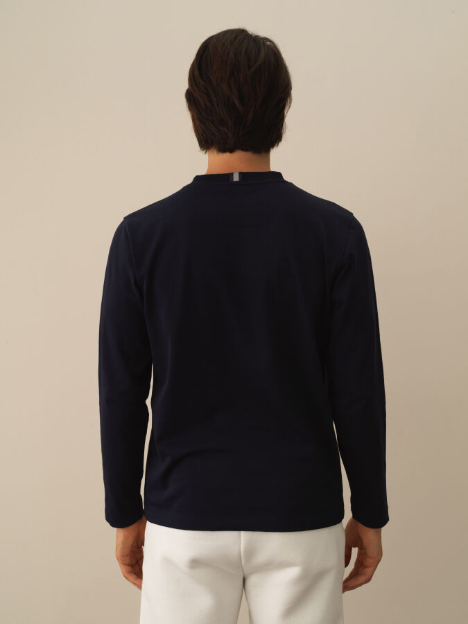 Lacivert Pamuk Dokulu Regular Fit Uzun Kollu Tişört - Xint