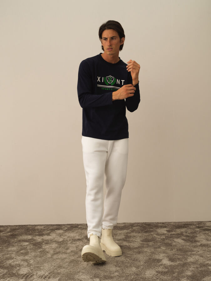 Lacivert Pamuk Dokulu Regular Fit Uzun Kollu Tişört - Xint