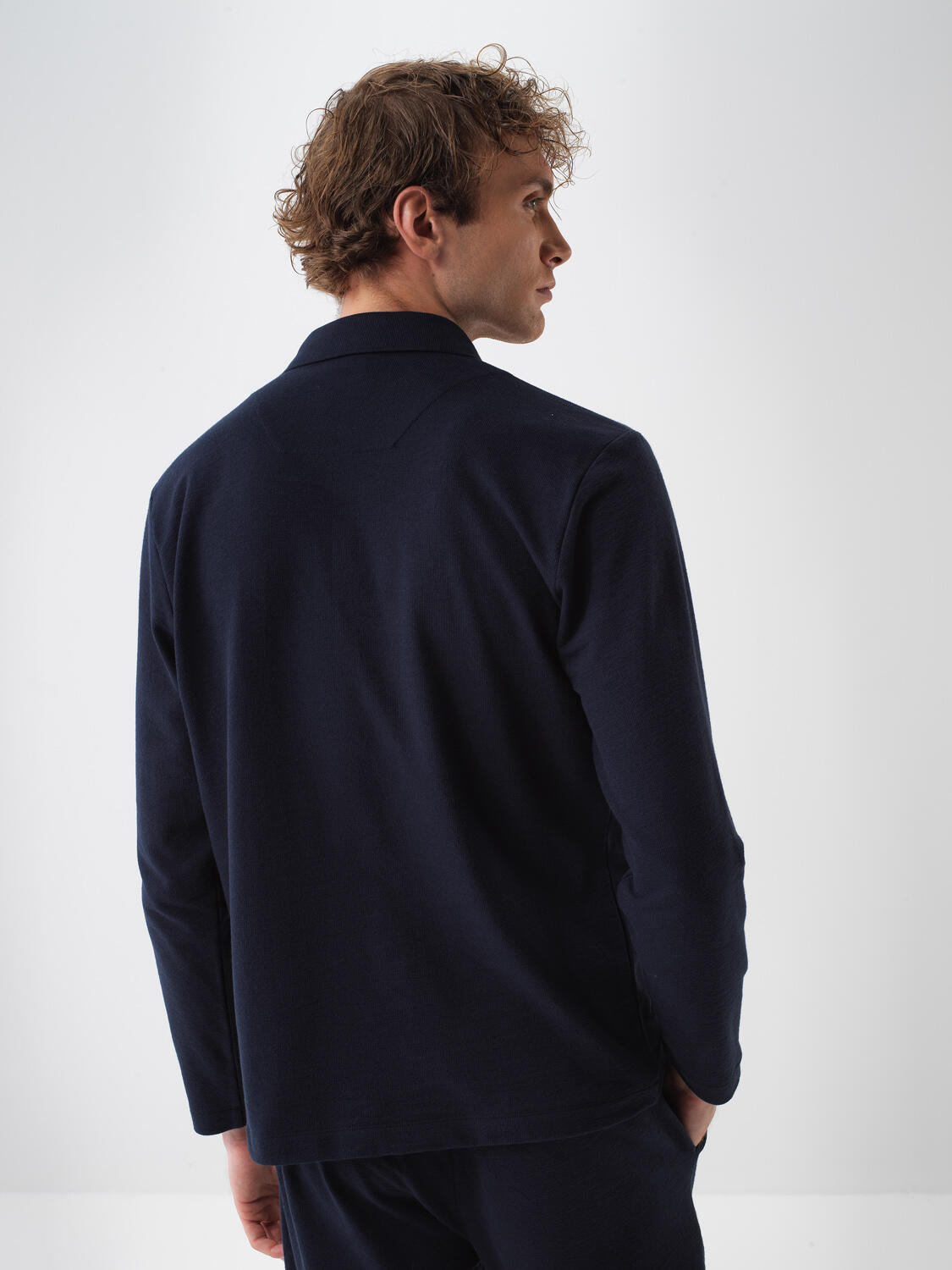 Lacivert Pamuk Dokulu Regular Fit Uzun Kollu Tişört - 4