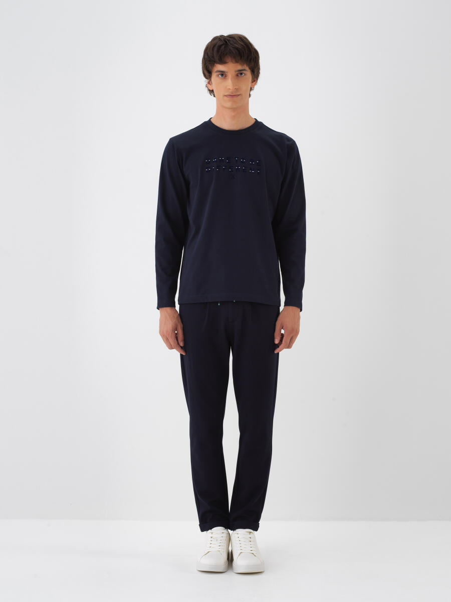 Lacivert Pamuk Dokulu Regular Fit Uzun Kollu Tişört - 2