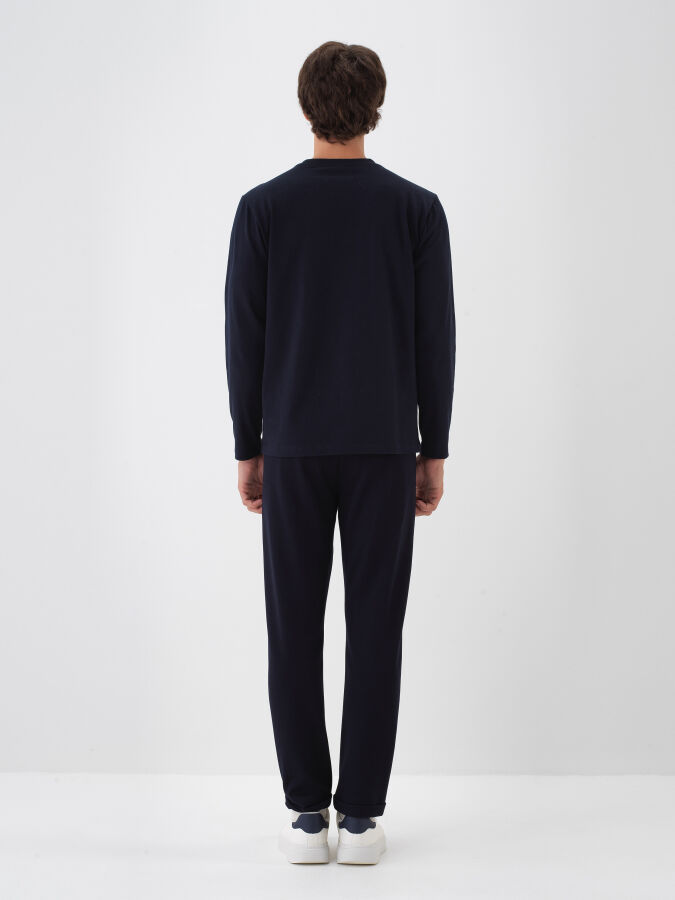 Lacivert Pamuk Dokulu Regular Fit Uzun Kollu Tişört - Xint