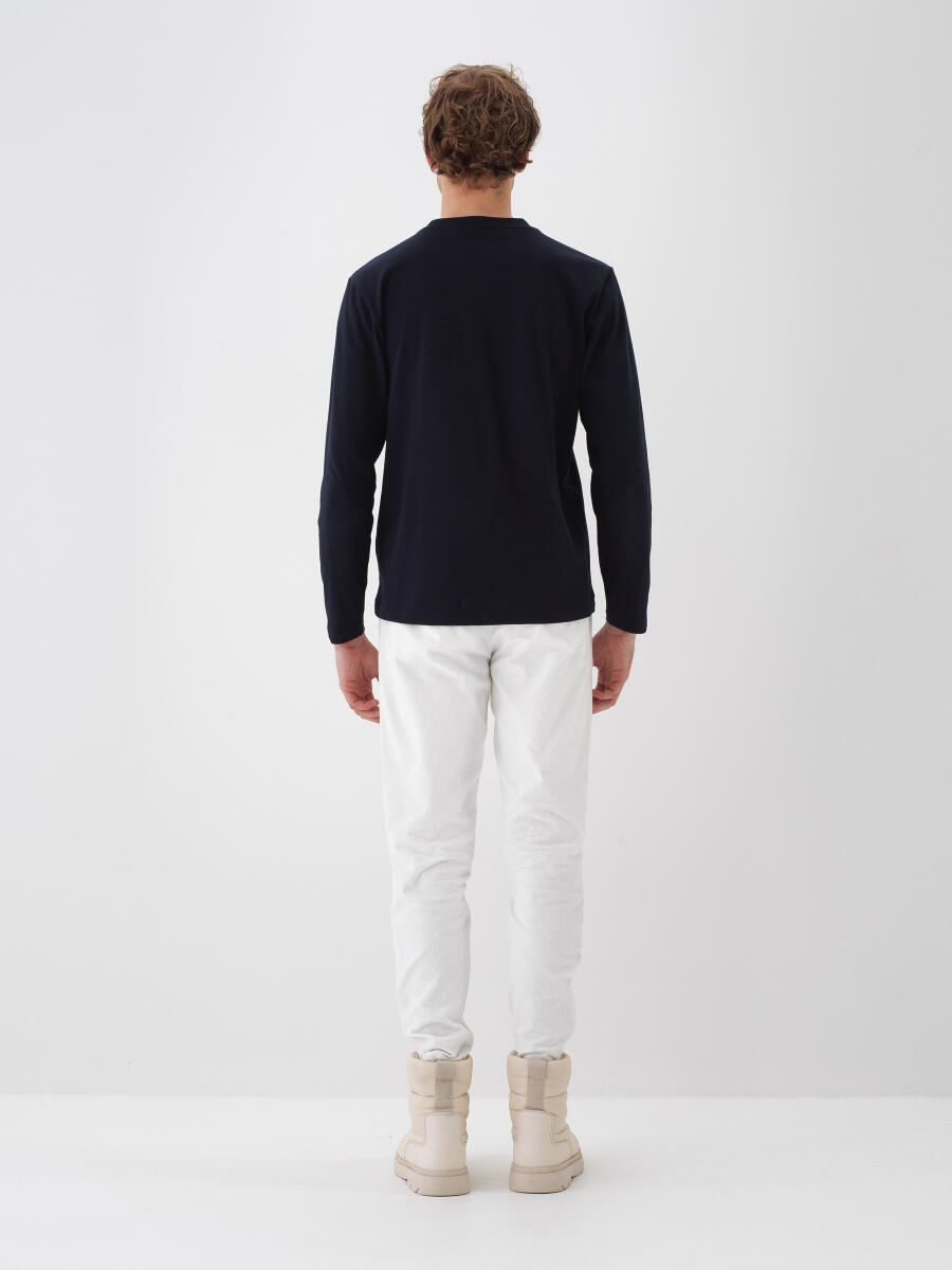 Lacivert Pamuk Dokulu Regular Fit Uzun Kollu Tişört - 5