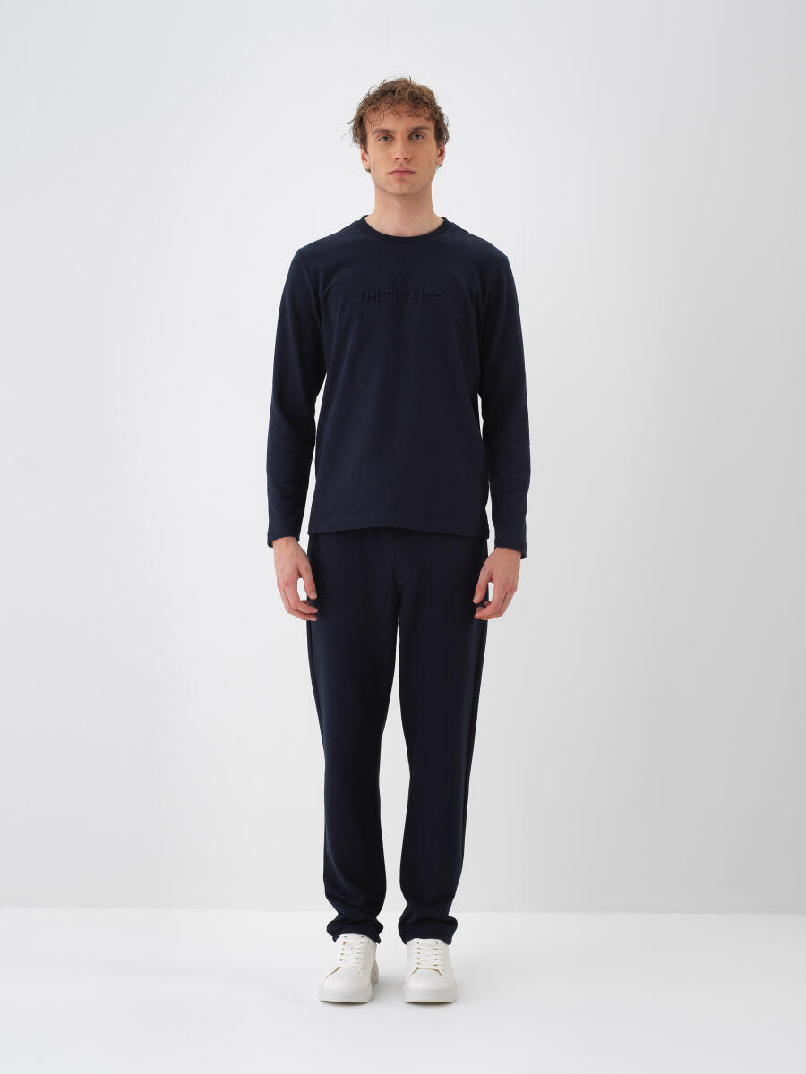 Lacivert Pamuk Dokulu Regular Fit Uzun Kollu Tişört - 4