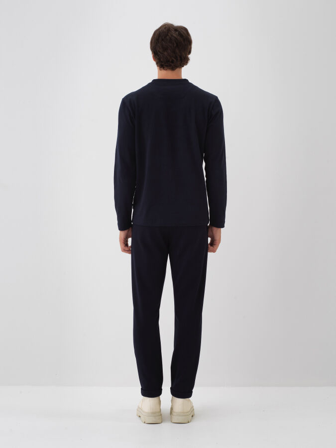 Lacivert Pamuk Dokulu Regular Fit Uzun Kollu Tişört - Xint