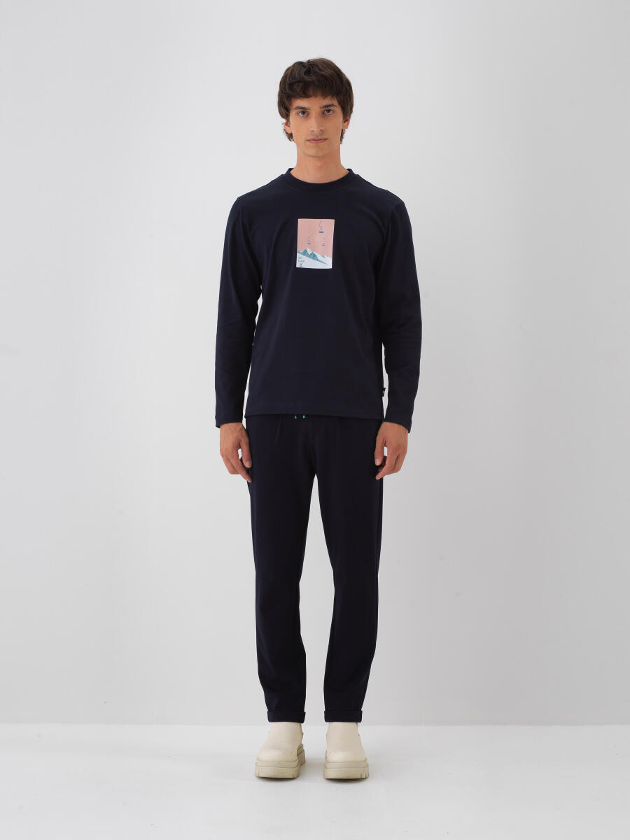 Lacivert Pamuk Dokulu Regular Fit Uzun Kollu Tişört - 2