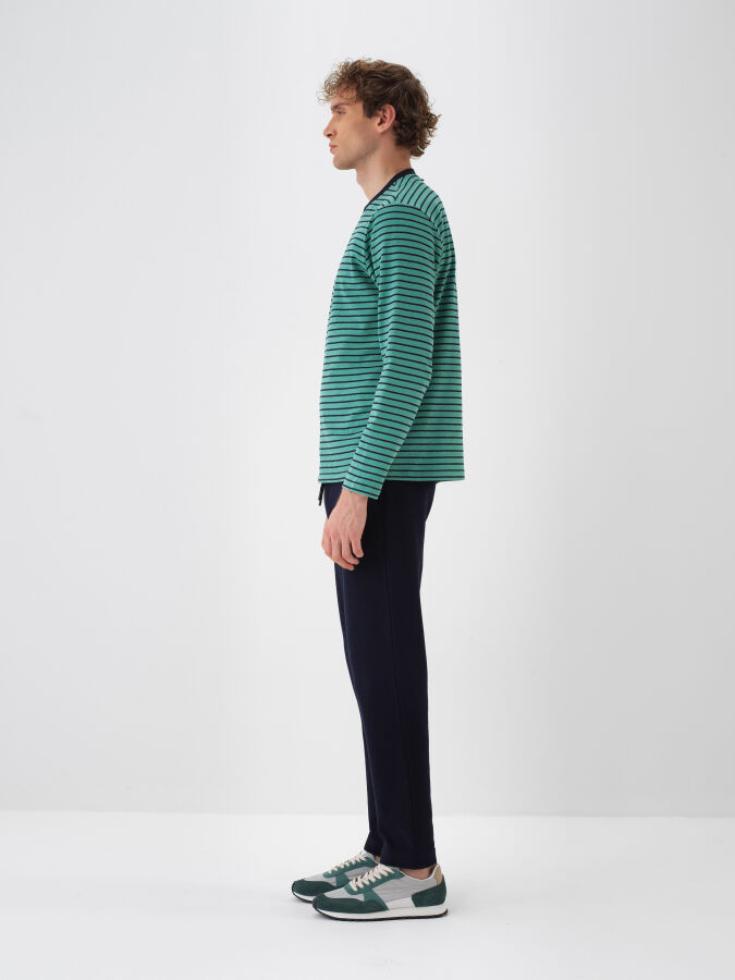 Lacivert Pamuk Dokulu Regular Fit Uzun Kollu Tişört - Xint