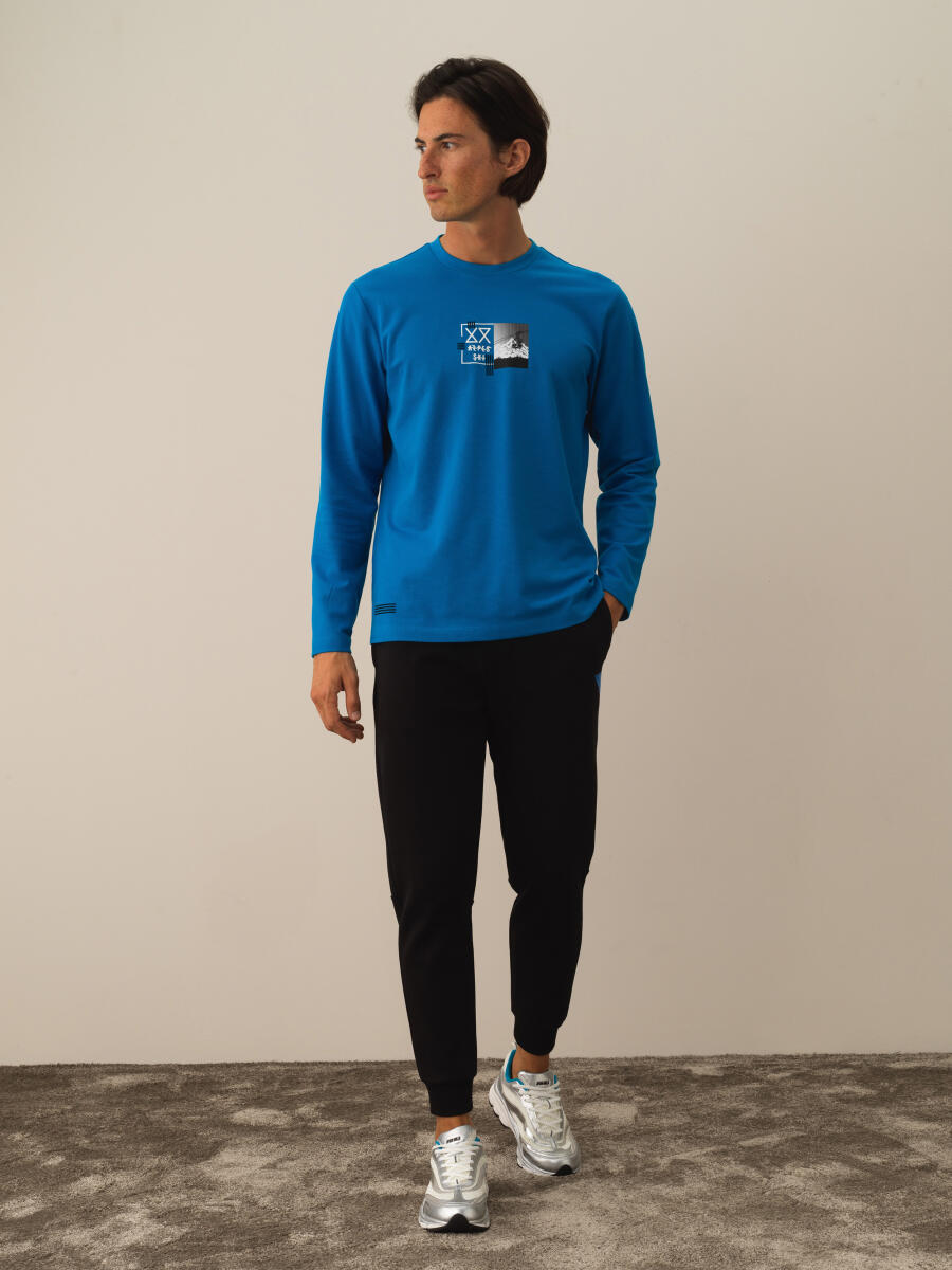 Mavi Pamuk Dokulu Regular Fit Uzun Kollu Tişört - 2