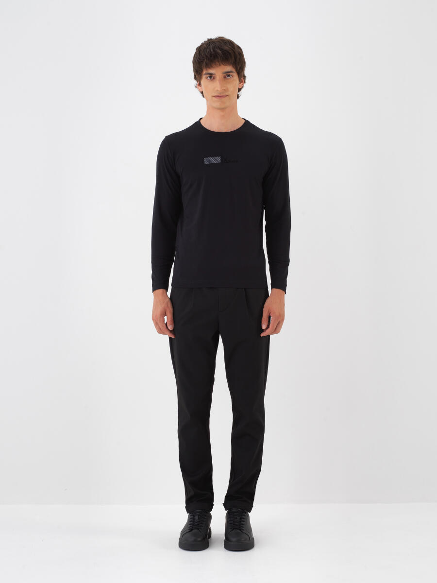 Siyah Modal Dokulu Slim Fit Uzun Kollu Tişört - 2