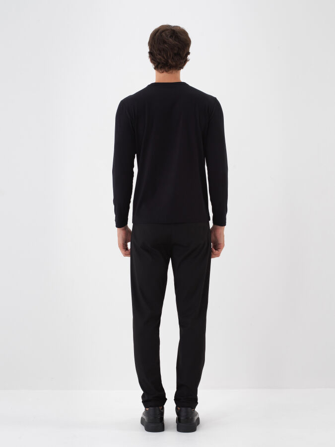 Siyah Modal Dokulu Slim Fit Uzun Kollu Tişört - 4