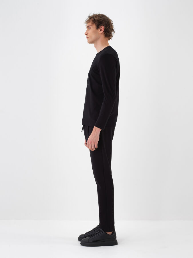 Siyah Modal Dokulu Slim Fit Uzun Kollu Tişört - Xint