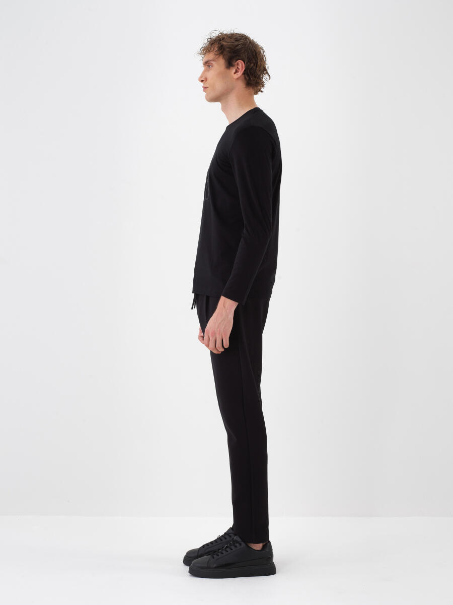 Siyah Modal Dokulu Slim Fit Uzun Kollu Tişört - 4