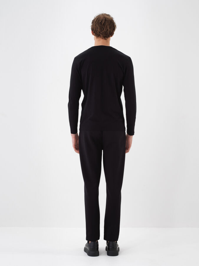 Siyah Modal Dokulu Slim Fit Uzun Kollu Tişört - Xint