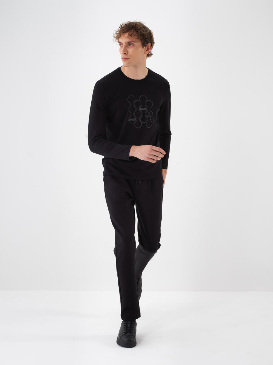 Siyah Modal Dokulu Slim Fit Uzun Kollu Tişört - 3