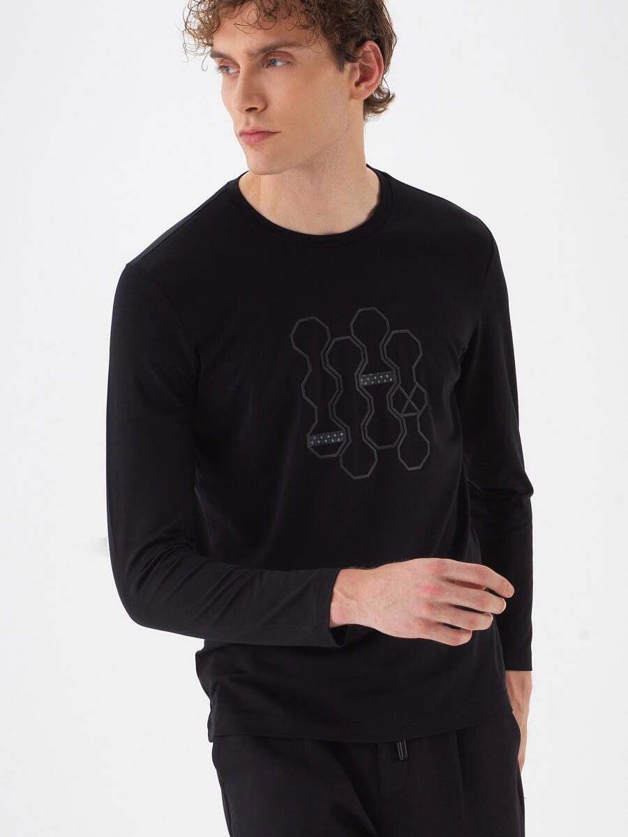 Siyah Modal Dokulu Slim Fit Uzun Kollu Tişört