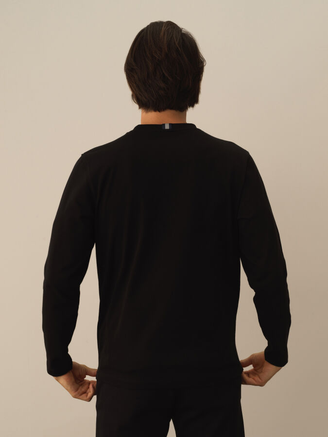 Siyah Regular Fit Bisiklet Yaka Pamuk Uzun Kol Tişört - 3