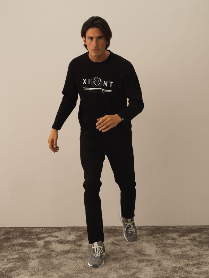 Siyah Regular Fit Bisiklet Yaka Pamuk Uzun Kol Tişört - 2