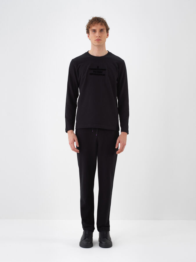 Siyah Pamuk Dokulu Regular Fit Uzun Kollu Tişört - 2